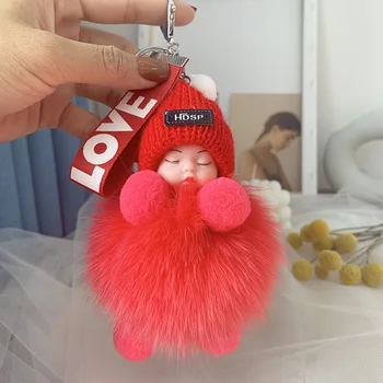 

2020 Keychain Knitted Hat Fox Fluffy Hair Ball Four Limbs Key Chain Sleeping Doll Fur Key Chain Bag Pendant Girl Keychain Baby