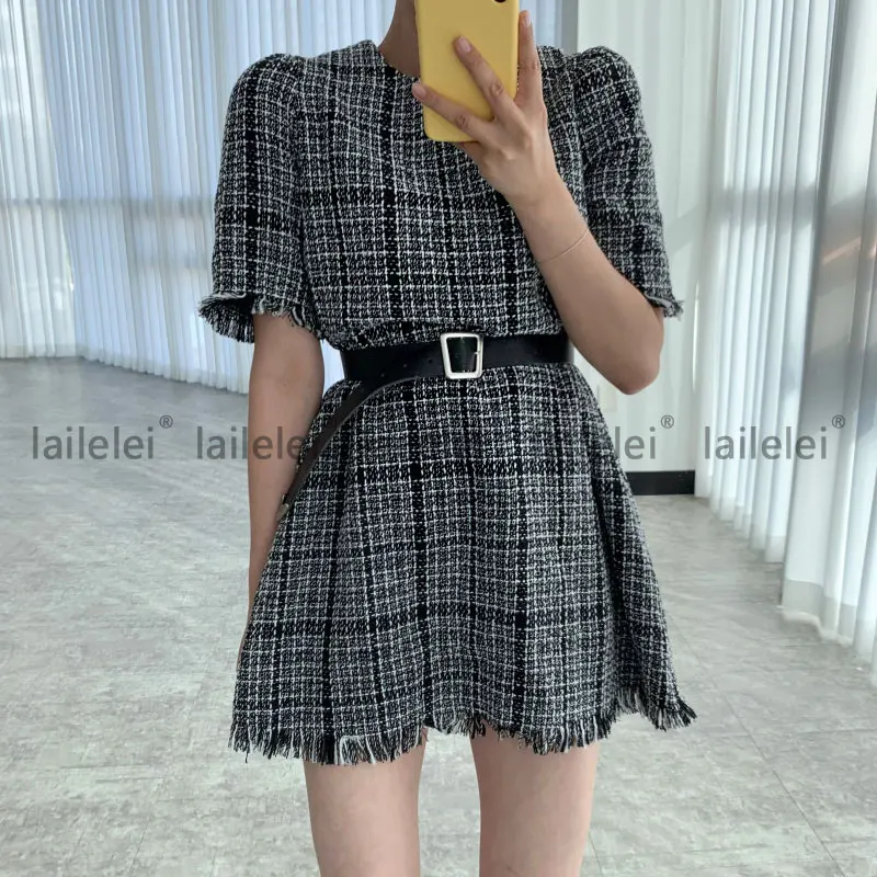 Chic Tweed Tassel O Neck Pullover Puff Short Sleeve Dress Women With