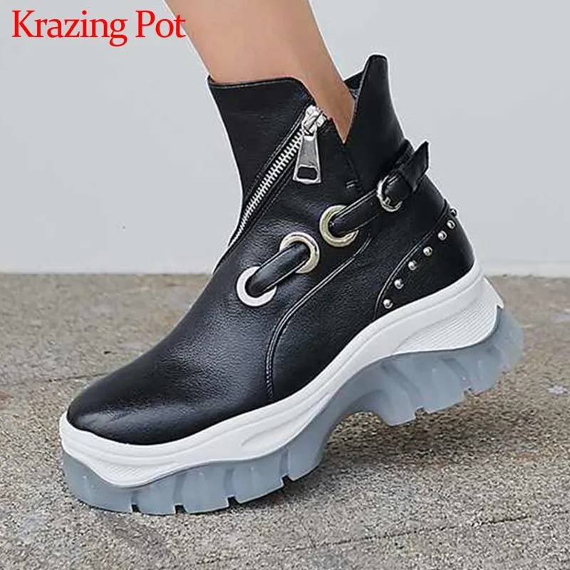

Krazing Pot unique design motorcycles boots genuine leather round toe high heels thick bottom rivets zip women ankle boots L61