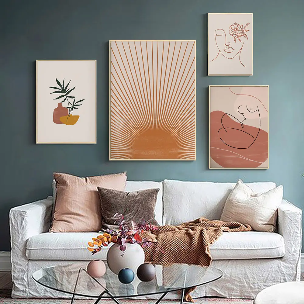 

Boho Posters Abstract Line Drawing Woman Canvas Painting Sun Art Print Mid Century Poster Beige Gallery Wall Pictures Home Decor