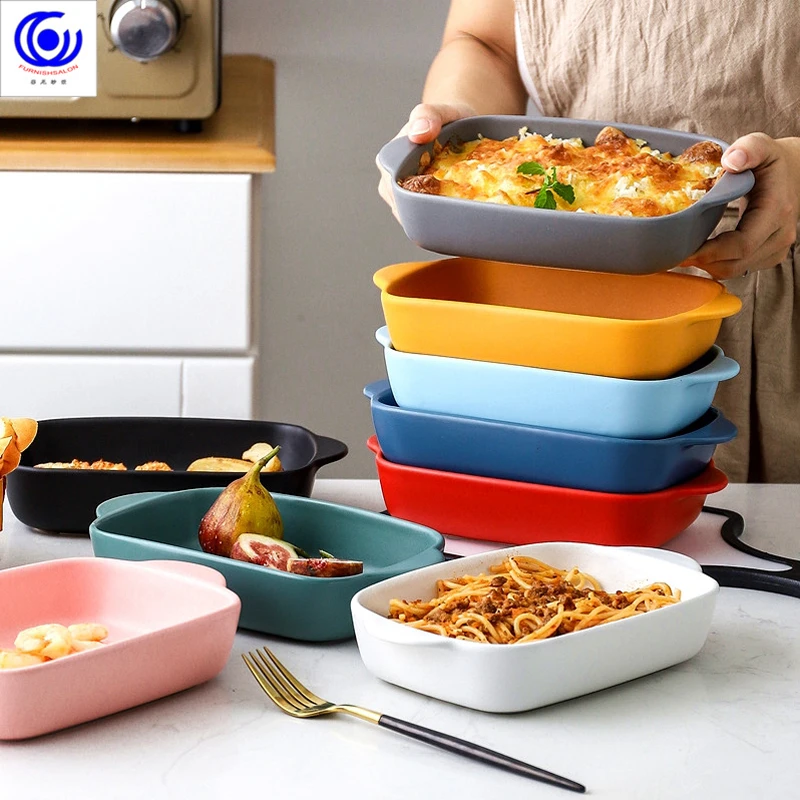 Household Tableware Clay Baking Oven Plate Rectangular Binaural Ceramic Tray Retro Nordic Style Tray