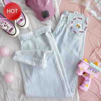 

Japanese Denim trousers High waist Loose Ins Student Casual Pants Flower Light color Wide leg pants College style Streetwear