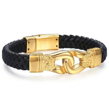 

12mm Gold Knot Charm Bracelet for Men Braided Gold Tone 316L Stainless Steel Black Genuine Leather Wristband Magnet Clasp HB254