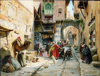 

3 Handmade Art Paintings by Teachers - Street Scene Damascus Syria Gustav Bauernfeind Arab middle east - Oil Painting on Canvas