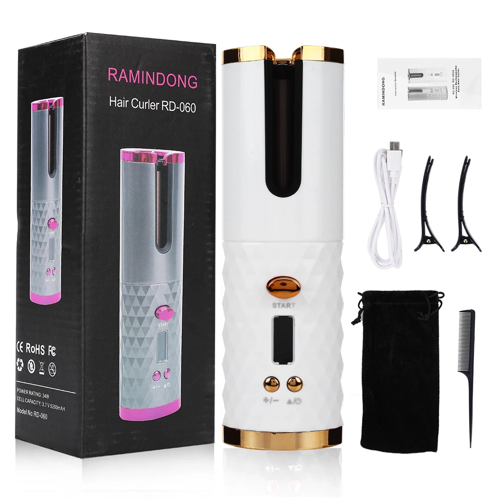 Modelador de Cabelo Modelador de ar sem Fio Automático Pente + 2pc Rotativo Curling Ferro Recarregável Onda Ferramenta Hairestilo 1 Clipes Usb 5 Curling Irons