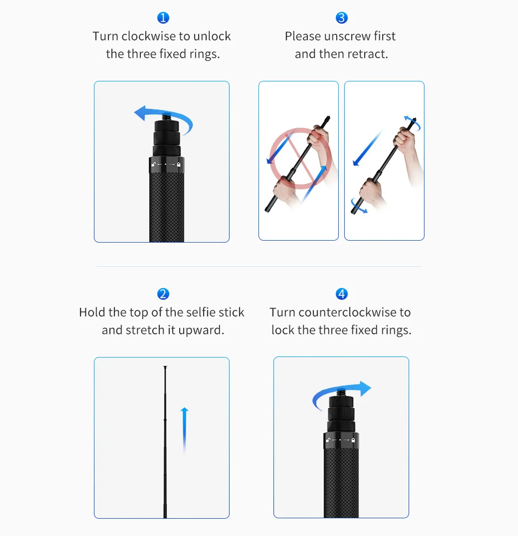 TELESIN 116 cm Carbon Fiber Monopod Selfie Stick Extendable With 1/4 Screw For GoPro Hero 10 9 8 7 Insta360 Osmo Action