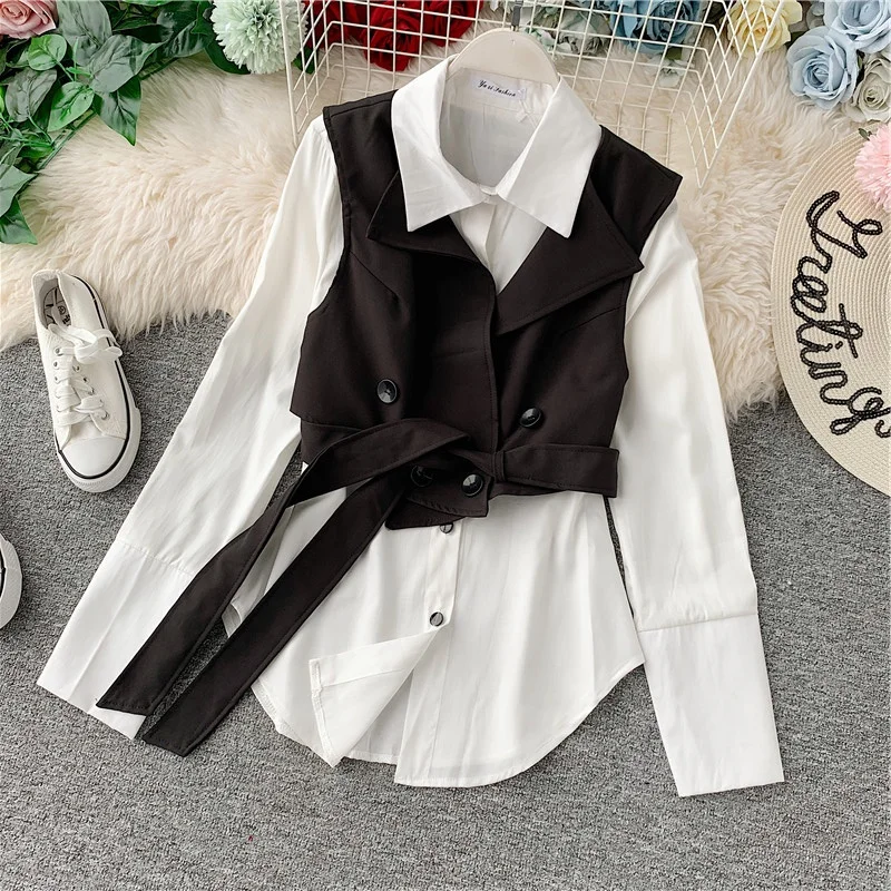 

2019 Autumn Shirt Long Sleve Blusas Women's Office Blouse Tops White Lapel Shirt + Vest Jacket Twopiece Female Blouses