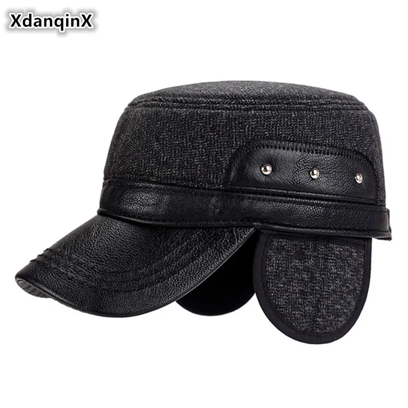 

XdanqinX New Winter Men's Flat Cap Thick Warm Army Military Hat Snapback Cap Adjustable Size Cotton Thermal Earmuff Hats Dad Cap