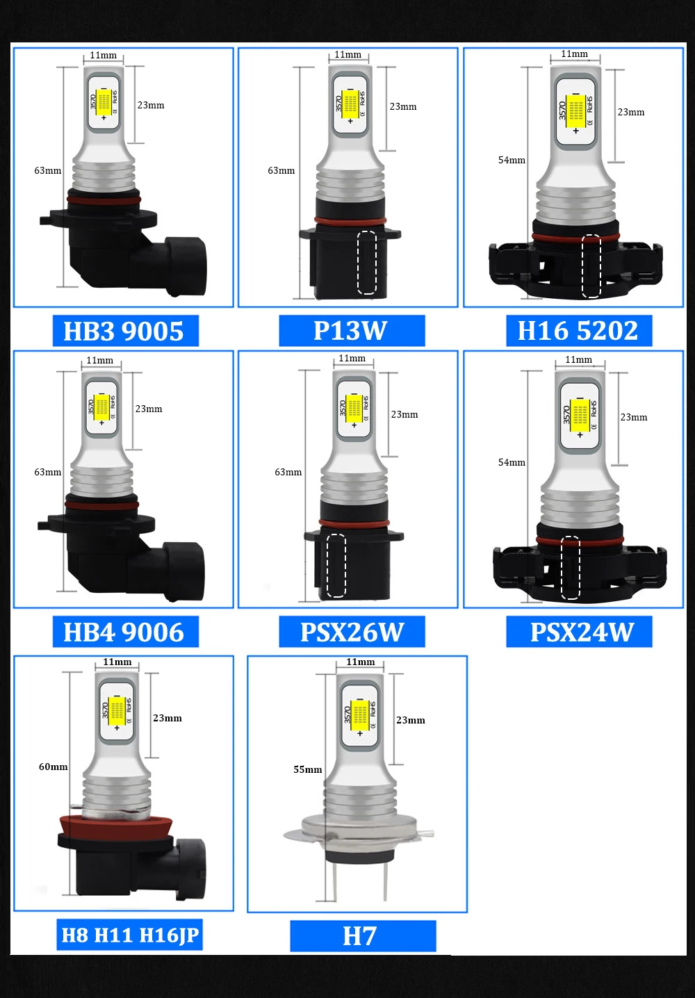 2) H7 H8 H11 9005 HB3 9006 HB4 H16 PSX26W PSX24W P13W 3570 чип CANBUS светодиодная лампочка Автомобильные светодиодные противотуманные фары дальнего света светильник s лампа светильник источник