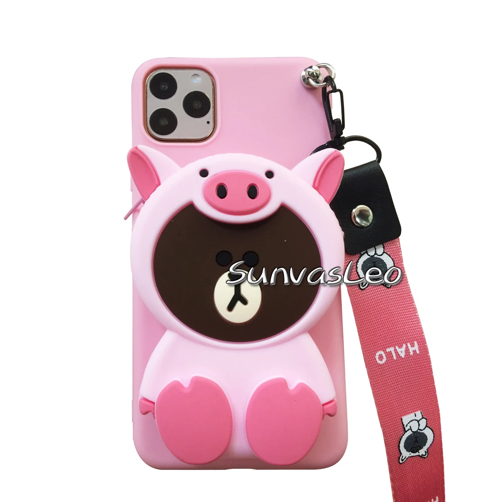 Pink Bear Для iPhone 11/11 Pro/11 Pro Max 3D кошелек милый мультфильм животных Мягкий силиконовый чехол-кошелек с ремешком цепь сумка кабель - Цвет: Pink Bear