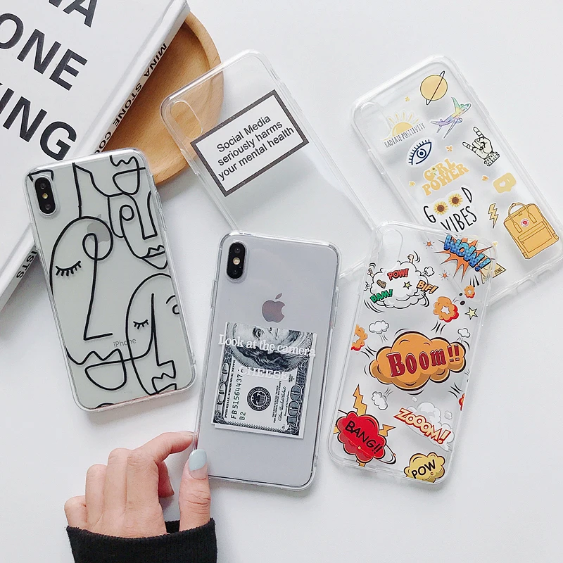 

Funny Cartoon Phone Case For iphone X XS XR 11Pro Max 6 6S 7 8 Plus Abstract Clear TPU Soft Fashion Coque For iphone 11 Cases