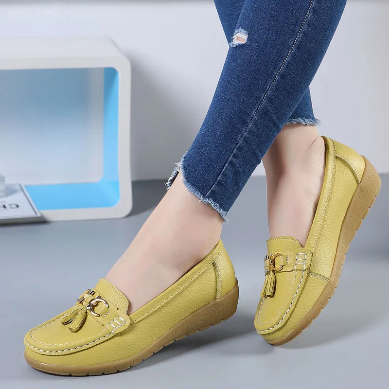 KUIDFAR Women Flats Genuine Leather Women Casual Shoes Breathable Slip-On Flat Shoes Solid Color Ladies Loafers Plus Size