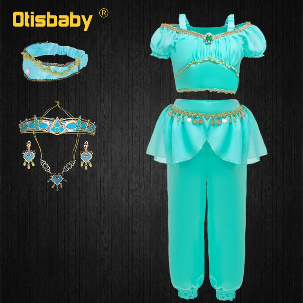 Halloween Girls Aladdin Jasmine Costume Child Arabian Green Princess Clothing Set Kids Necklace Earring Headwear Cosplay | Детская
