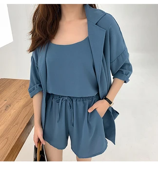 

FMFSSOM Summer Spring Women Casual 3 Pieces Solid Sets Long Turn-Down Collars Tops + Elastic Waist Shorts