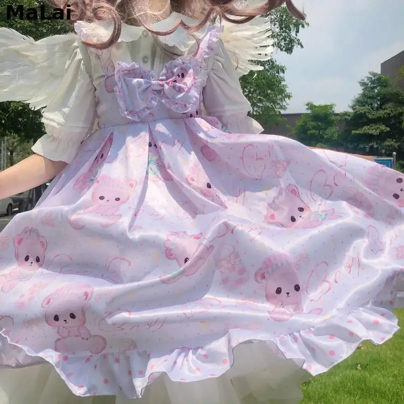 

Lolita Dress Women Vintage Gothic Printed Lace Sleeveless Dress Japanese Sweet Bow Bear Princess Maid Summer Kawaii Dresses JSK