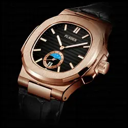 PLADEN повседневные часы мужские персональные часы из розового золота 18 К черные часы из натуральной кожи кварцевые наручные часы для