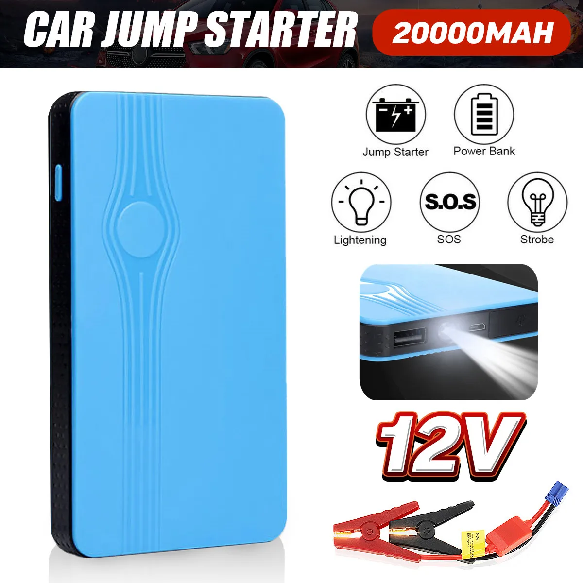20000mAh Car Jump Starter Power Bank 12V 600A Auto Emergency Booster Battery Charger SOS Flashing Lights Powerbank | Автомобили и