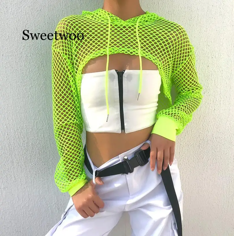 2020 New Women See Through Grid Hole Cloth Long Sleeve Navel Bare Crop Tops Hooded Hoodies Sweatshirts White Pullovers