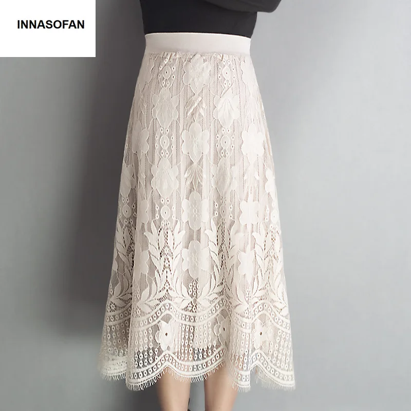 INNASOFAN, кружевная трикотажная юбка для женщин, Осень-зима, плиссированная юбка с высокой талией, модная Высококачественная шикарная Однотонная юбка