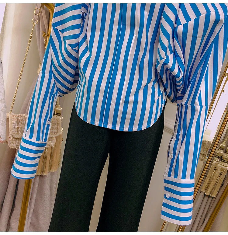 YEAR New Palace Puff Sleeves Women Blouse Striped Asymmetrical Casual Lady Shirt Clothes FOR Street