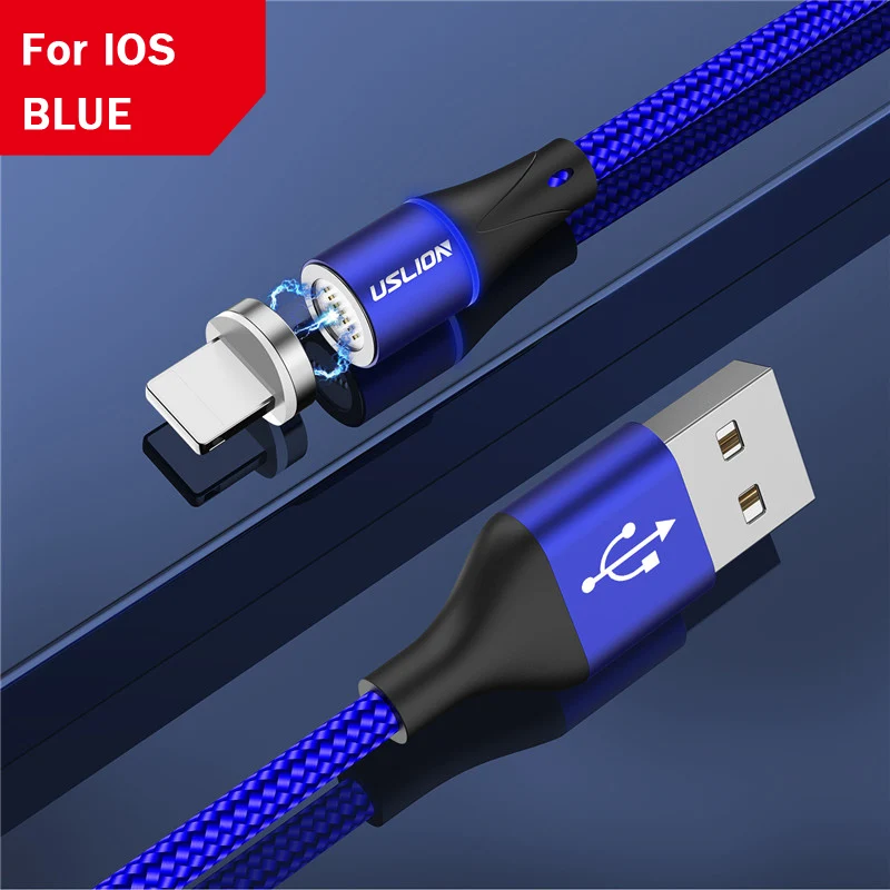 USLION 3A Магнитный кабель для быстрой зарядки Micro USB C для iPhone 11 X samsung Xiaomi Магнитный usb type C кабели для мобильных телефонов - Цвет: Blue for IOS