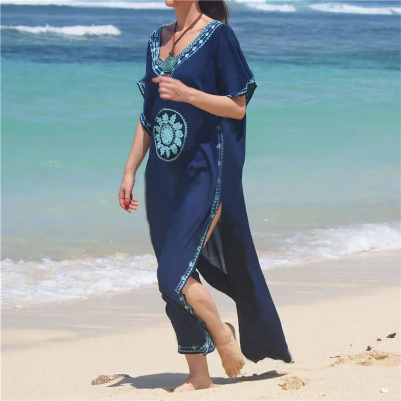 Хлопковая Пляжная накидка с вышивкой, купальный костюм Praia, женские бикини, накидка, туники для пляжа, парео, саронг, пляжная одежда# Q643