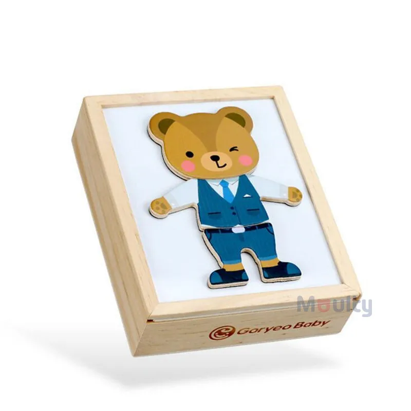Moulty Magnetic Puzzles Bear Dress up Puzzles With Storage Case Changing 6 Suits Wooden Toys For Kids Professional Dressing Box 6