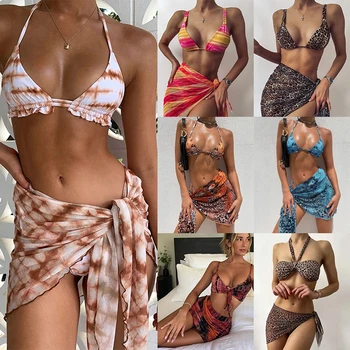 Sexy 3 Piece Bikini Set With Cover Up Beach Dress Tie Dye Push Up  Biquini Brazilian Swimwear Women Thong Bikinis 2021 Mujer 1