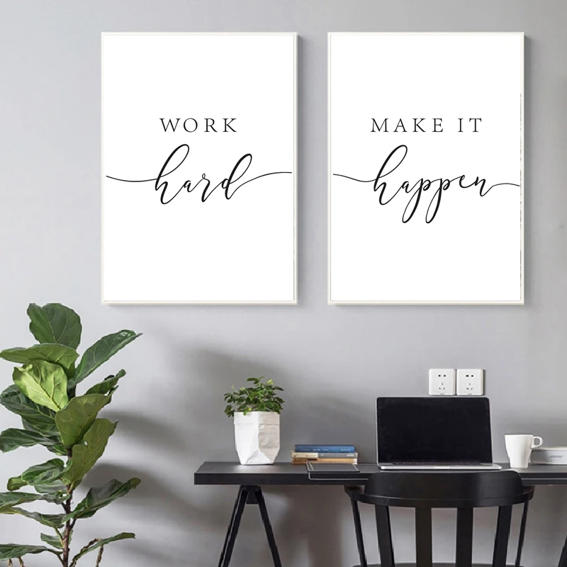 Stay-Positive-Quote-Print-Work-Hard-Make-it-Happen-Motivational-Wall-Art-Canvas-Painting-Black-White