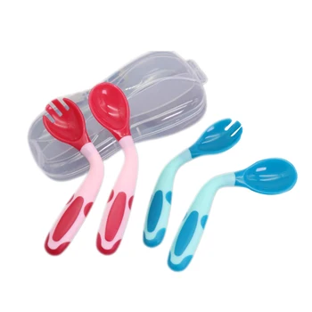 

Baby Utensil Spoon Fork Set Food Silicone Gel Toddler Babies Children Heat-Resistant Feeding Training Spoon With Storage Case