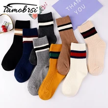 Японские полосатые хлопковые носки-трубы толстые теплые студенческие Зимние Повседневные носки женские уличные забавные короткие счастливые носки до лодыжки