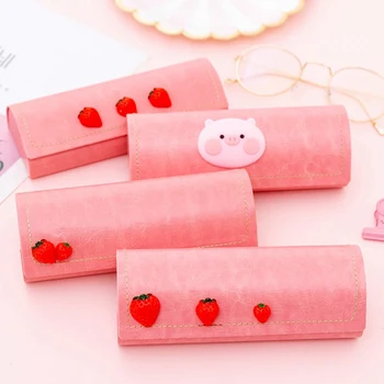 

1 Pcs Kawaii Portable Eyewear Boxes PU Cartoon Strawberry Pig Sunglasses Box Cute Girl's Pink Student Stationery Holder