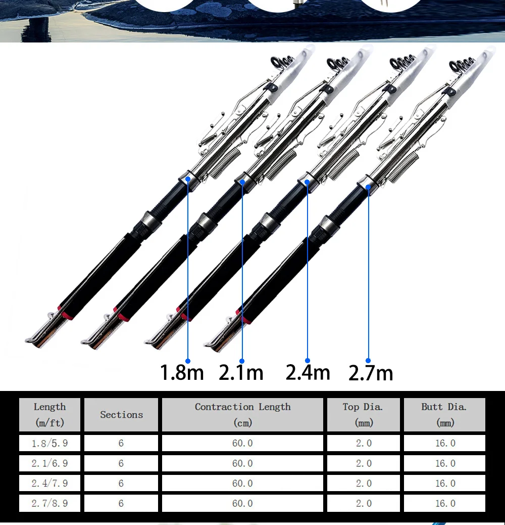 Vara de pesca automática de aço inoxidável sem molinete, 1.8m, 2.1m, 2.4m, 2.7