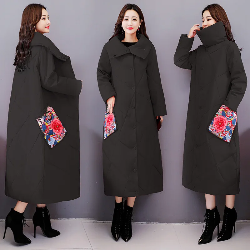 

2019 Winter New Style Cotton Coat INS Warm Fold-down Collar Embroidered Single Breasted Long over-the-Knee BF Cotton-padded Clot