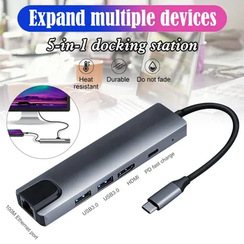 

5-in-1 USB-C Hub with Ethernet Port 4K HDMI Output 2 USB3.0 Ports 65W PD Fast Charging for Macbook Type-C Devices In Stock