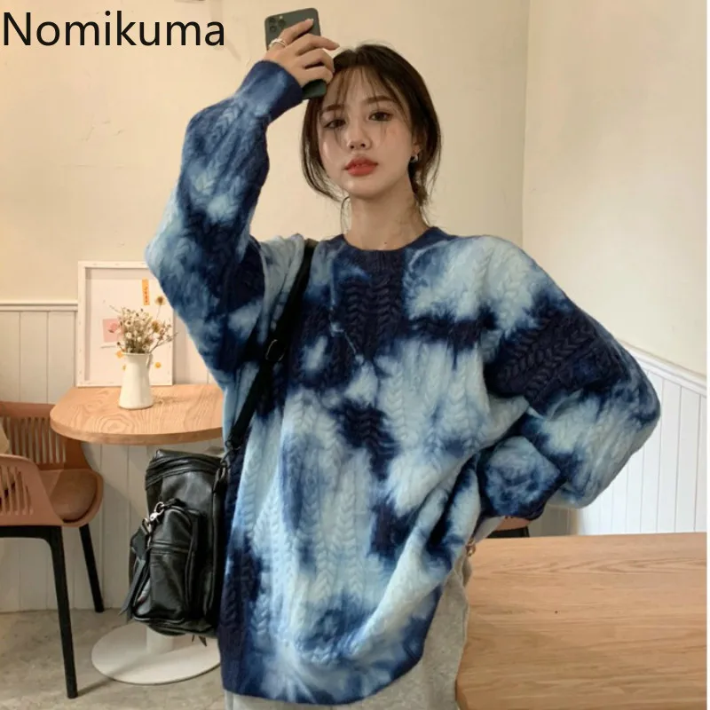 

Nomikuma Pull Femme Korean Causal Tie Dye Twisted Pullover Sweater Long Sleeve O-neck Autumn Winter Women Knitted Tops 6C196