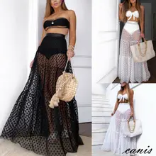 Women Bikini Cover Up Swimwear Sheer Mesh Skirt Beach Maxi Wrap Long Skirt Whit Black