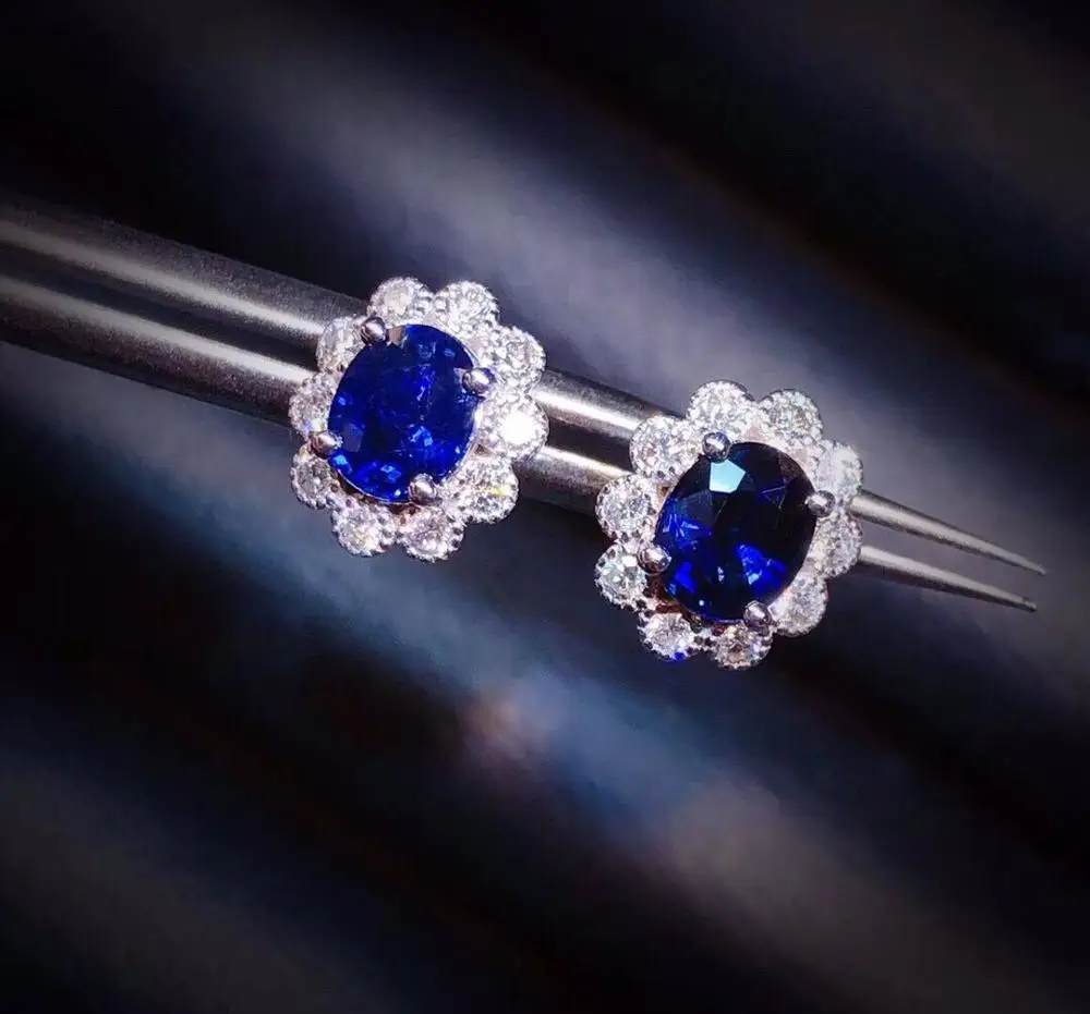 P623 Sapphire Earrings Stud 18 K Gold Jewelry 100% Natural 1.12ct Royal Blue Gemstones for Women | Украшения и аксессуары