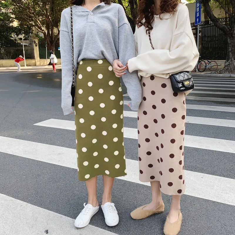 

2019 Autumn Women Skirts High Waist Knitting Women Bodycon Long Skirt Faldas Jupe Femme Saia Dots Print Women Sexy Pencil Skirt