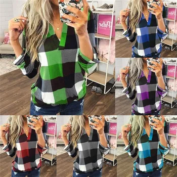 

Plus Size 3XL Women Tops and Blouse Casual Loose Long Sleeve V-neck Plaid Autumn Top Korean Clothes Vintage Boho Women Blouses