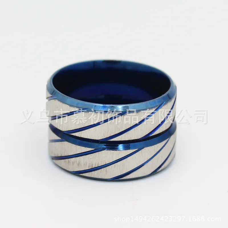 Simple Stainless Steel Couples Ring Titanium Steel 8mm Double Bevel Batch Flower Couples Ring Black And White with Pattern Stain