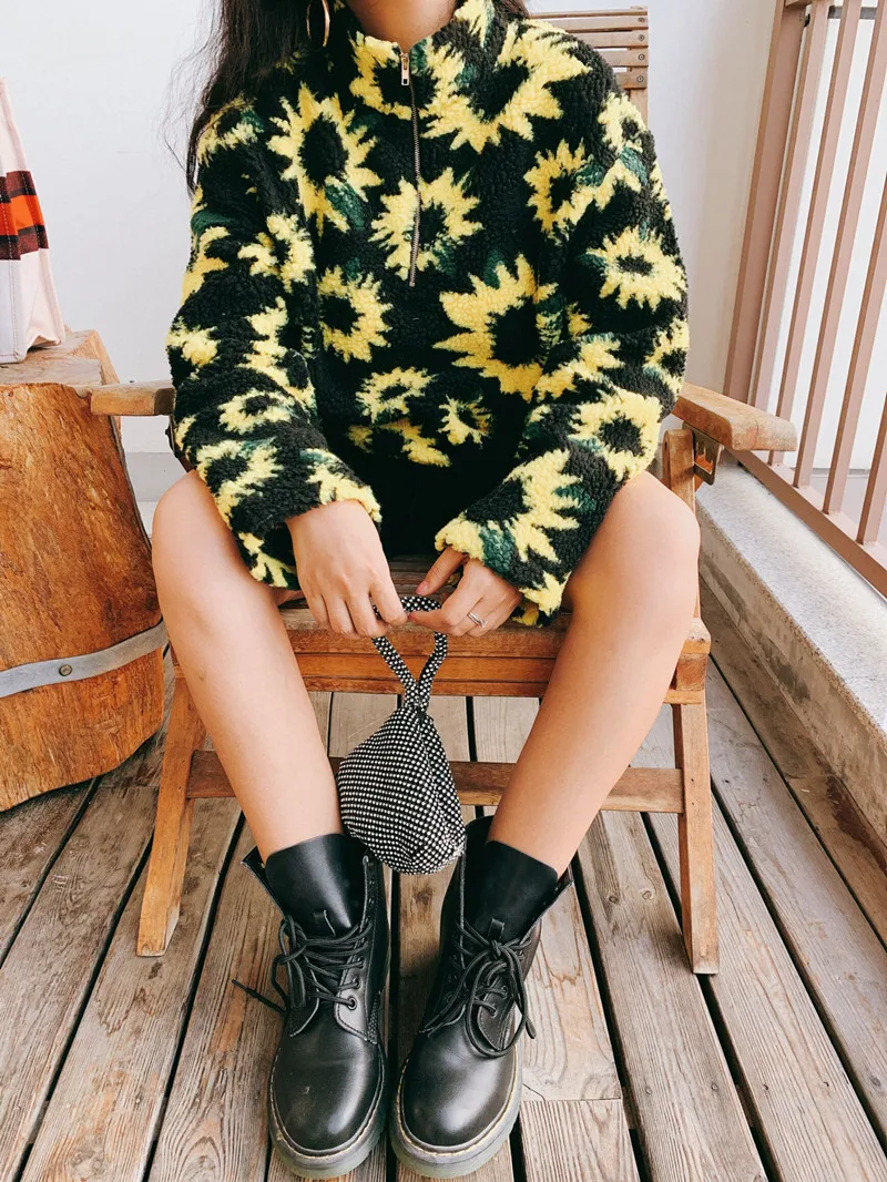 TEELYNN boho Водолазка для женщин осень зима теплый пуловер Подсолнух с длинным рукавом femme флис плюшевый кофты