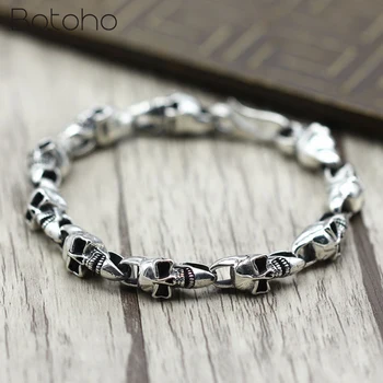 

925 Sterling Silver color Bracelet for Men 9mm Wide Vintage Biker Punk Skull Charm Bangle Unique Gifts Fine Thai Silver Jewelry