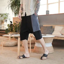 0605 летние хлопковые льняные широкие брюки мужские лоскутные карманы на молнии свободные ретро брюки с эластичной талией плюс размер 5XL черный серый