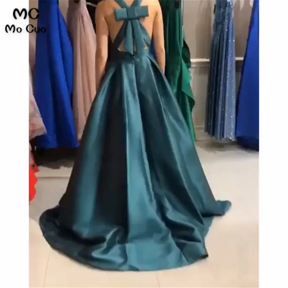 Teal A-Line Evening dresses Long with Bow Pockets Vestidos de fiesta Satin Deep V Neck Evening Dress