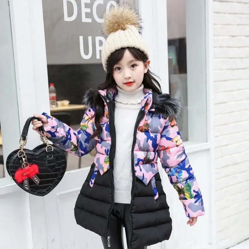 Baby girls coat 3-17T children winter cotton fur hoodies girls warm jacket fashionable kids coat teenage warm jacket hat remove - Цвет: pink