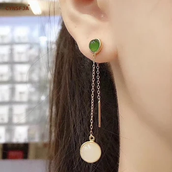 

CYNSFJA Real Certified Natural Hetian Jade Jasper 925 Sterling Silver Fine Jewelry Green Jade Earrings High Quality Best Gifts
