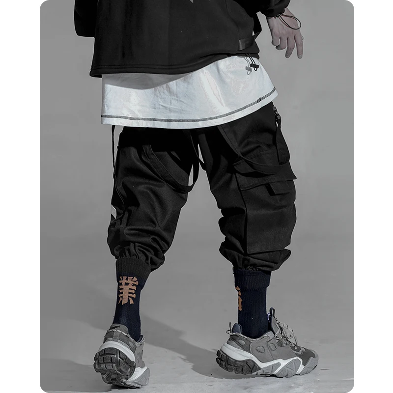 Men's clothes Multi war zone functional wind legged pants large pocket casual Ribbon Harajuku fashion Overalls Street dress 5