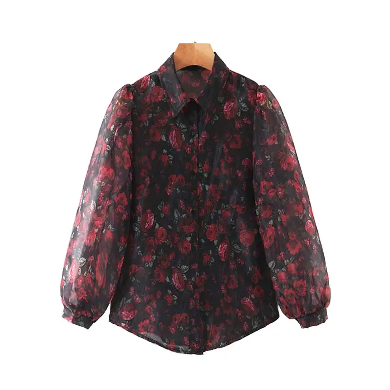 Vadim, милый, женский цветочный узор блуза из органзы фонарь рукав отложной воротник рубашка женские винтажные повседневные топы, блузы LB551 - Цвет: black