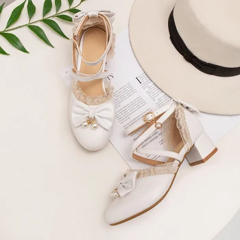 

Spring 2020 New Fairy Shoes Pearls Chunky-heel Shoes Show s Large Tong Dan Xie Bow Sweet Students Loli Lolita Shoes